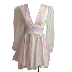 Double Crazy Rainbow Pastel Tulle Plunge V-Neck Dress Long Sleeve Size S